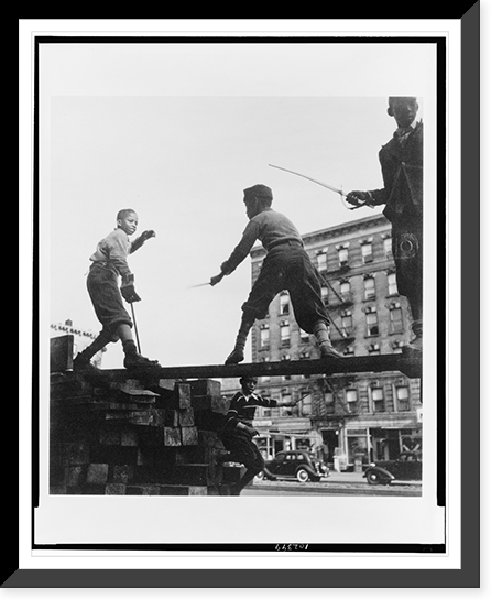 Four boys, three of them on beam of ruins(?) of building, playing with toy swords, Harlem, New York, Vintage Wall Art