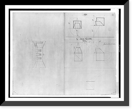 Geometrical diagrams relating to perspective methods by various authors; one-point perspective sketch of interior, Antique Print