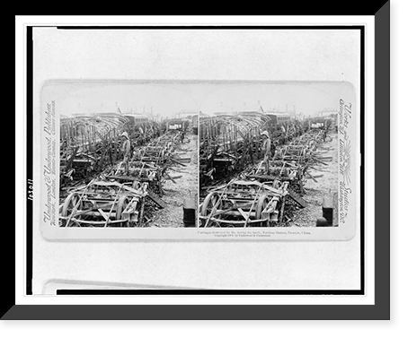 Historic Framed Print, Carriages destroyed by fire during the battle, railway station, Tientsin, China,  17-7/8" x 21-7/8"
