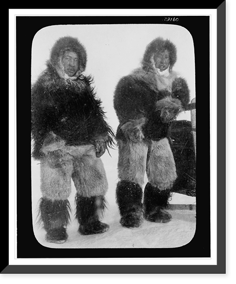 Two Inuits dressed in animal skins, posed standing full-length, probably assistants to Dr. Cook's expedition to the North Pole, Vintage Wall Art