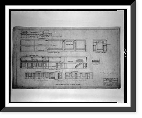 Historic Framed Print, [Two office buildings for B.F. Saul (15th Street, N.W., Washington, D.C.) South building. First floor. Elevations].George N. Ray, Architect.,  17-7/8" x 21-7/8"