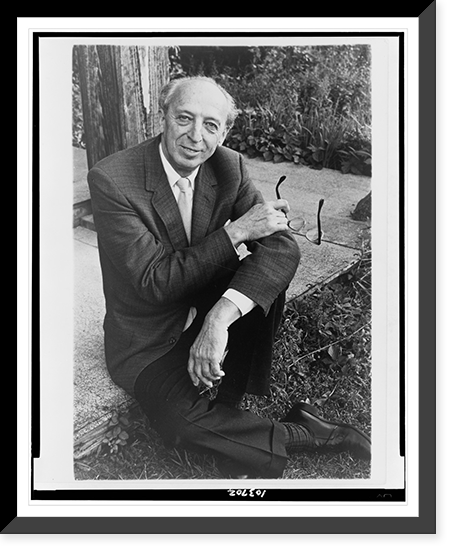 Aaron Copland, full-length portrait, seated, outdoors, facing front.Margery Smith, Vintage Poster