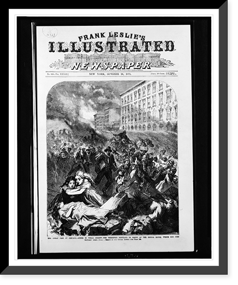 The Great fire at Chicago. Scene in Wells Street - the terrified populace in front of the Briggs House, which has just caught fire.from a sketch by our special artist, Antique Print
