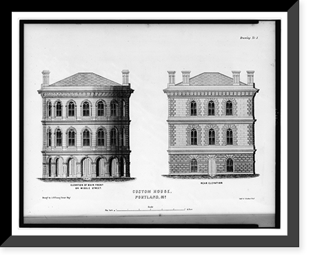 Government building (Custom House, Post Office, and Court Room"), Middle Street and Exchange Street, Portland, Maine. Main front and rear elevations", Antique Wall Art