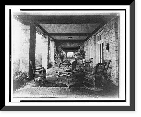 Porch of E.C. Converse house, with wicker furniture, Greenwich, Connecticut, Vintage Print