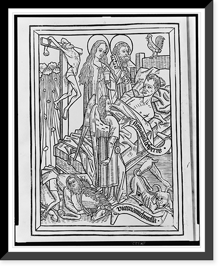 A dying man attended by Mary Magdalene and Saint Peter, angels, and the devil, Vintage Print