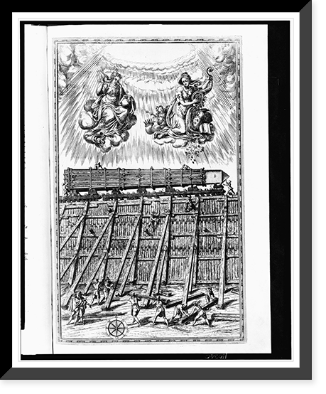 Obelisk, wrapped in a protective casing, on its side on rollers, moving along scaffolding from the Circus Nero to its new location at the Piazza of Saint Peter in Rome, Antique Wall Art