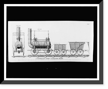 Rear and side view of George Stephenson's steam locomotive and railroad cars of the Stockton and Darlington Railway, Vintage Print
