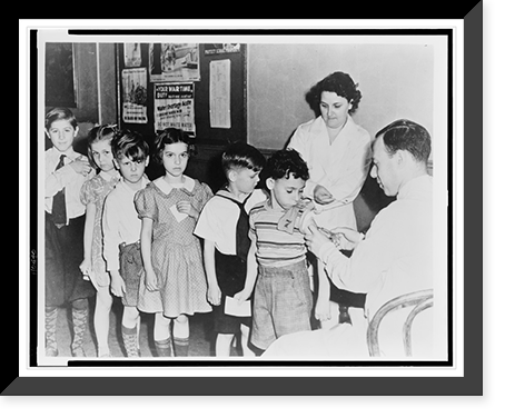 Health in a U.S. city - a serum and vaccine farm. Children await inoculation, Antique Poster