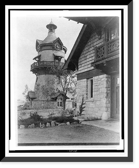 Windmill-shaped clock tower at left, and part of garage of Edmund Cogswell Converse at right, Greenwich, Connecticut, Vintage Print