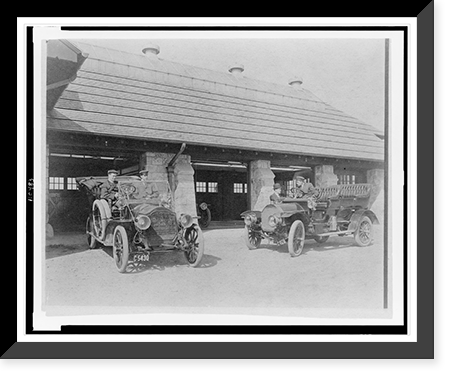 Four men with two automobiles outside of garage of Edmund Cogswell Converse, Greenwich, Connecticut, Vintage Print