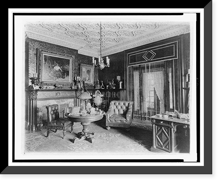Room with plasterwork ceiling, fireplace, and circular table, in home of Edmund Cogswell Converse, Greenwich, Connecticut, Vintage Poster