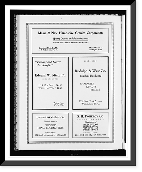 Advertisements for Maine & New Hampshire Granite Corporation, Edward W. Minte Co., Rudolph & West Co., Ludowici-Celadon Co., and S.H. Pomeroy Co, Vintage Print