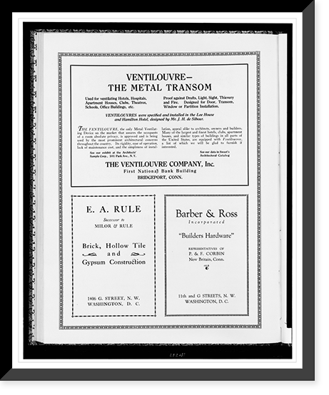Advertisements for The Ventilouvre Company, Inc., E. A. Rule, construction, and Barber & Ross, builders hardware, Vintage Print