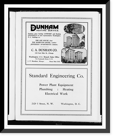 Advertisements for C.A. Dunham Co., heating service, and Standard Engineering Co., plumbing, heating, and electrical systems, Antique Poster