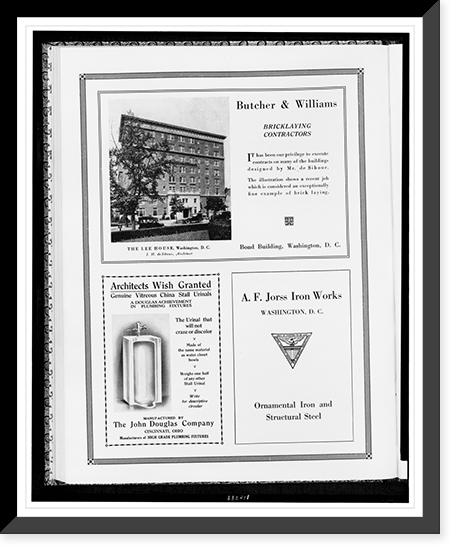 Advertisements for Butcher & Williams, bricklaying, John Douglas Company, plumbing fixtures, and A. F. Jorss Iron Works, Vintage Poster