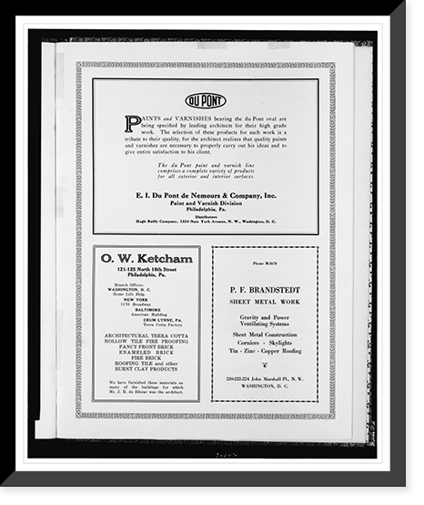 Advertisements for Du Pont paints, O. W. Ketcham, terra cotta and brick, and P. F. Brandstedt, sheet metal, Vintage Wall Art