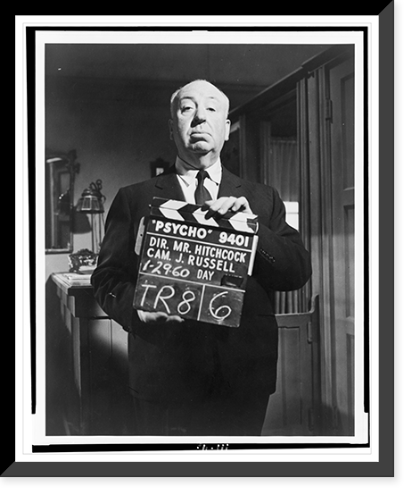 Alfred Hitchcock, three-quarter length portrait, standing on movie set, holding clapper boards for Psycho"", Antique Wall Art