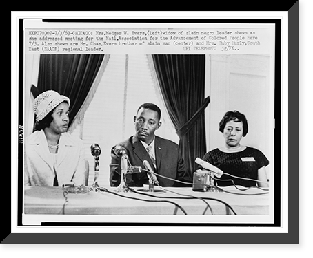 Historic Framed Print, [Mrs. Medger Evers and Mr. Charles Evers, wife and brother of slain negro leader, and Mrs. Ruby Hurley address meeting for the NAACP],  17-7/8" x 21-7/8"