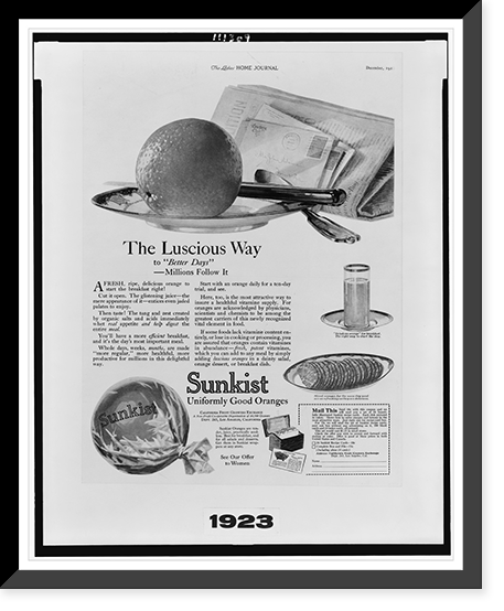 Advertisement for Sunkist oranges, showing oranges and glass of orange juice, Vintage Poster