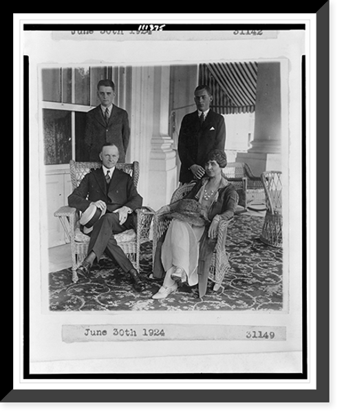Historic Framed Print, [President and Mrs. Coolidge, full-length portraits, seated on porch, with their two sons standing behind them],  17-7/8" x 21-7/8"
