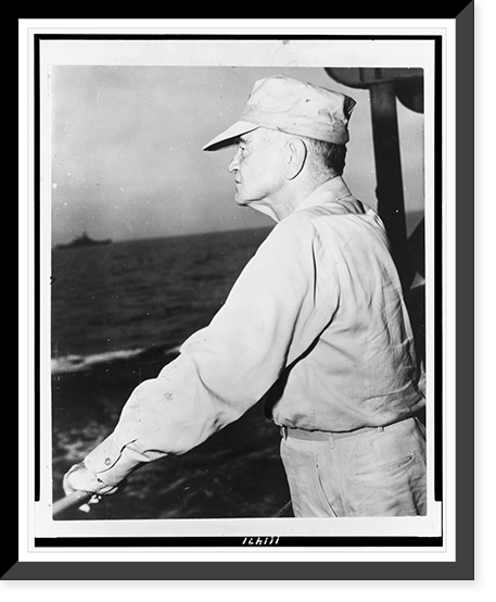 Admiral William F. Halsey, Jr., commander of the U.S. Third Fleet, half-length portrait, standing, facing left, looking out from his flagship, in the western Pacific, Antique Wall Art