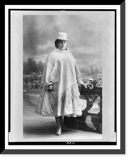 Chola woman, full-length portrait, standing, facing right, La Paz, Bolivia, Historic Print