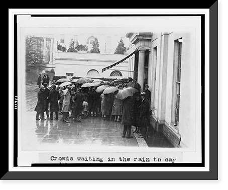 Crowds waiting in the rain to say goodbye and good luck to President Coolidge outside the White House, Antique Print
