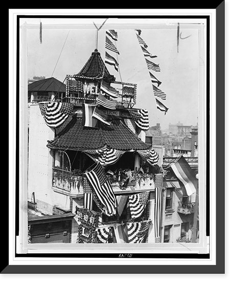 Historic Framed Print, [Building in Chinatown, New York City, draped with flags for an eleven day celebration commemorating the founding of the new Chinese Merchants' Association],  17-7/8" x 21-7/8"