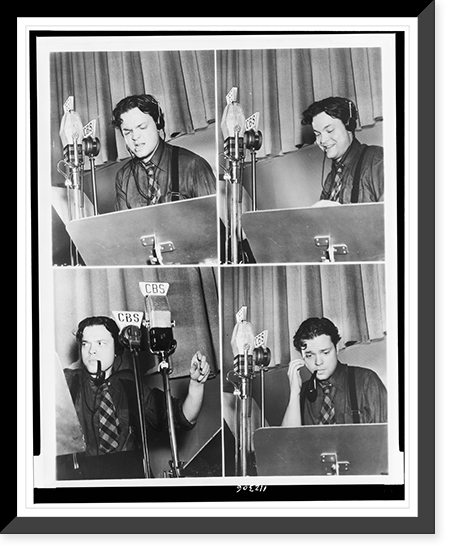 Composite of four photographs of Orson Welles at microphones, rehearsing a broadcast of the Campbell Playhouse"", Historic Print