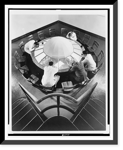 Historic Framed Print, [Five men, in observation room of eye institute, looking down into operating room],  17-7/8" x 21-7/8"