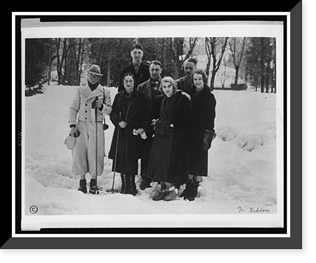 Edward Windsor, the Prince of Wales, full-length portrait, standing, with Wallis Warfield Simpson and five other people, with skiing equipment in snow, Antique Poster