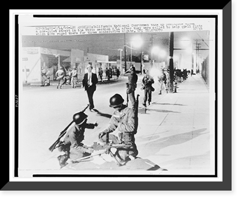 Historic Framed Print, California National Guardsmen take up positions along a now-quiet street in the Watts section ...,  17-7/8" x 21-7/8"