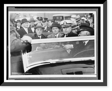 Franklin D. Roosevelt, seated in automobile with four other men, facing front, arriving in Washington to confer with President Hoover.Underwood & Underwood, Vintage Poster