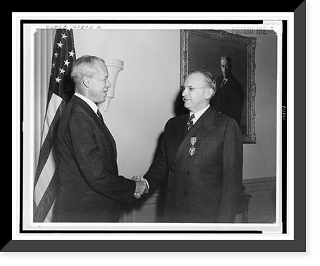Joseph M. Dodge receiving Medal for Merit from Secretary of War Robert Patterson, Sept. 18, 1946, Antique Poster