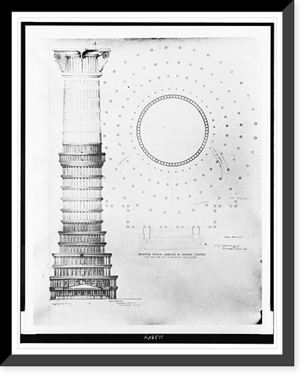 Engineering drawing for a tower (Boston Peace Jubilee Naval Tower; The Tower Of A Thousand Columns"), Boston, Massachusetts. Elevation and plan", Antique Print