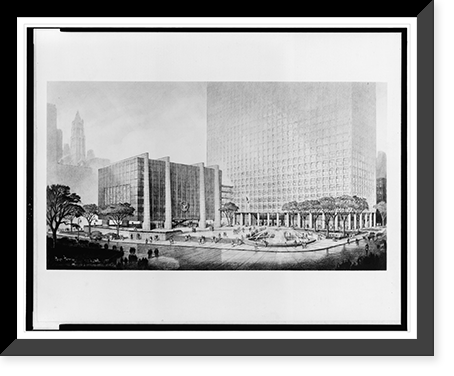 Historic Framed Print, [Government buildings (United States Customs Court and Federal Office Building"),  Federal Plaza,  Lafayette Street and Duane Street,  New York,  New York. Perspective showing fountain and plaza]",  17-7/8" x 21-7/8"