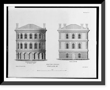 Government building (Custom House, Post Office, and Court Room"), Middle Street and Exchange Street, Portland, Maine. Main front and rear elevations" - 2, Vintage Poster