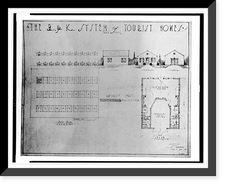Historic Framed Print, Architectural drawing for a motel (B & K system of tourist homes") for William Knox",  17-7/8" x 21-7/8"