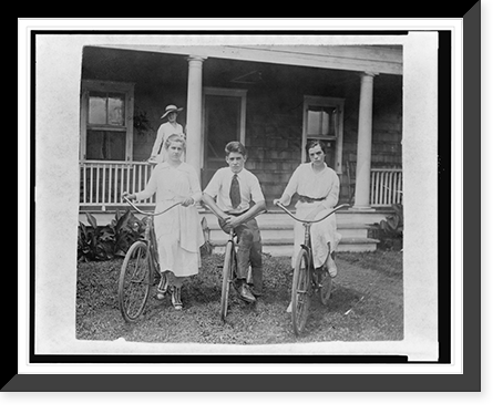 Clare Boothe Luce, David Boothe, and Buff" Elizabeth Cobbs, posed on lawn, with bicycles, Sound Beach, Connecticut", Vintage Print