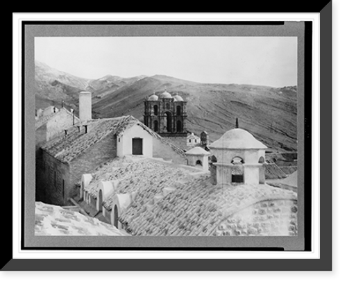 Historic Framed Print, [Bell tower of Iglesia de la Compa&ntilde;&iacute;a, with roofs of the Casa de la Moneda in foreground, Copacabana, Bolivia],  17-7/8" x 21-7/8"