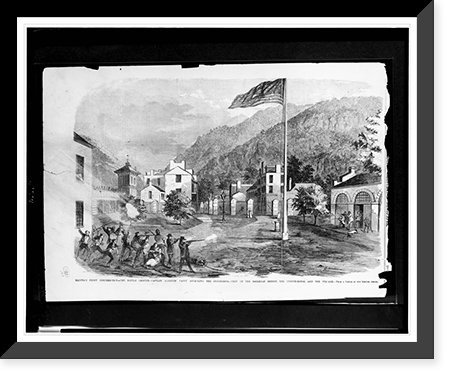 Harper's Ferry insurrection - the battle ground - Captain Alberts' party attacking the insurgents - view of the railroad bridge, the engine-house, and the village.from a sketch by our special artis