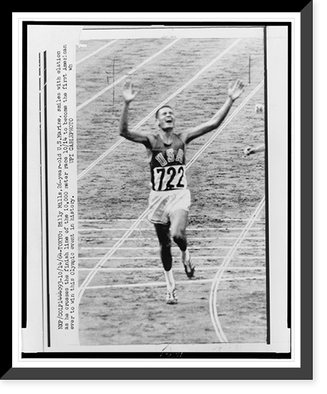 Billy Mills crossing finish line of 10,000 meter race, Vintage Print