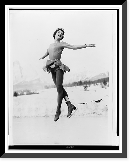 Tenley Albright, figure skater, in mid-air leap at practice in Cortina, Italy Classic, Historic Print