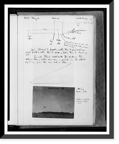 Page from album of flight experiments at Baddeck, Nova Scotia with sketch of kite, annotated with text; and photograph of kite in flight, Vintage Print