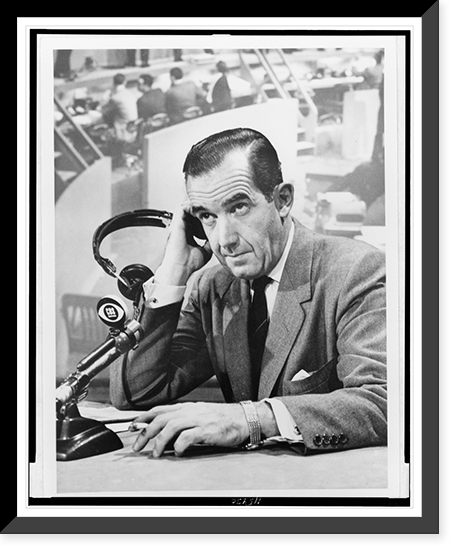 Edward R. Murrow seated before microphone during 1956 election returns, Vintage Print