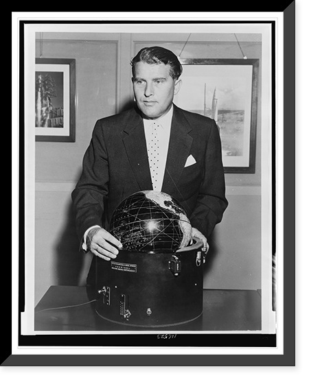 Wernher Von Braun, half-length portrait, standing, facing slightly left, with globe, Historic Print