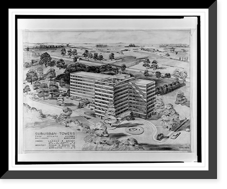 Historic Framed Print, Architectural drawing for an apartment house (Suburban Towers") for Landow & Brandt,  Park Heights Avenue,  Baltimore,  Maryland",  17-7/8" x 21-7/8"