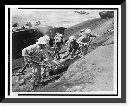 Marines, carrying light machine guns and rifles, come ashore during amphibious training exercise, Iwo Jima, Vintage Wall Art