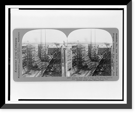 Extreme north end of lower lock showing immense steel monolith forms on tracks, used in construction work; Gatun, Panama Canal, Antique Wall Art
